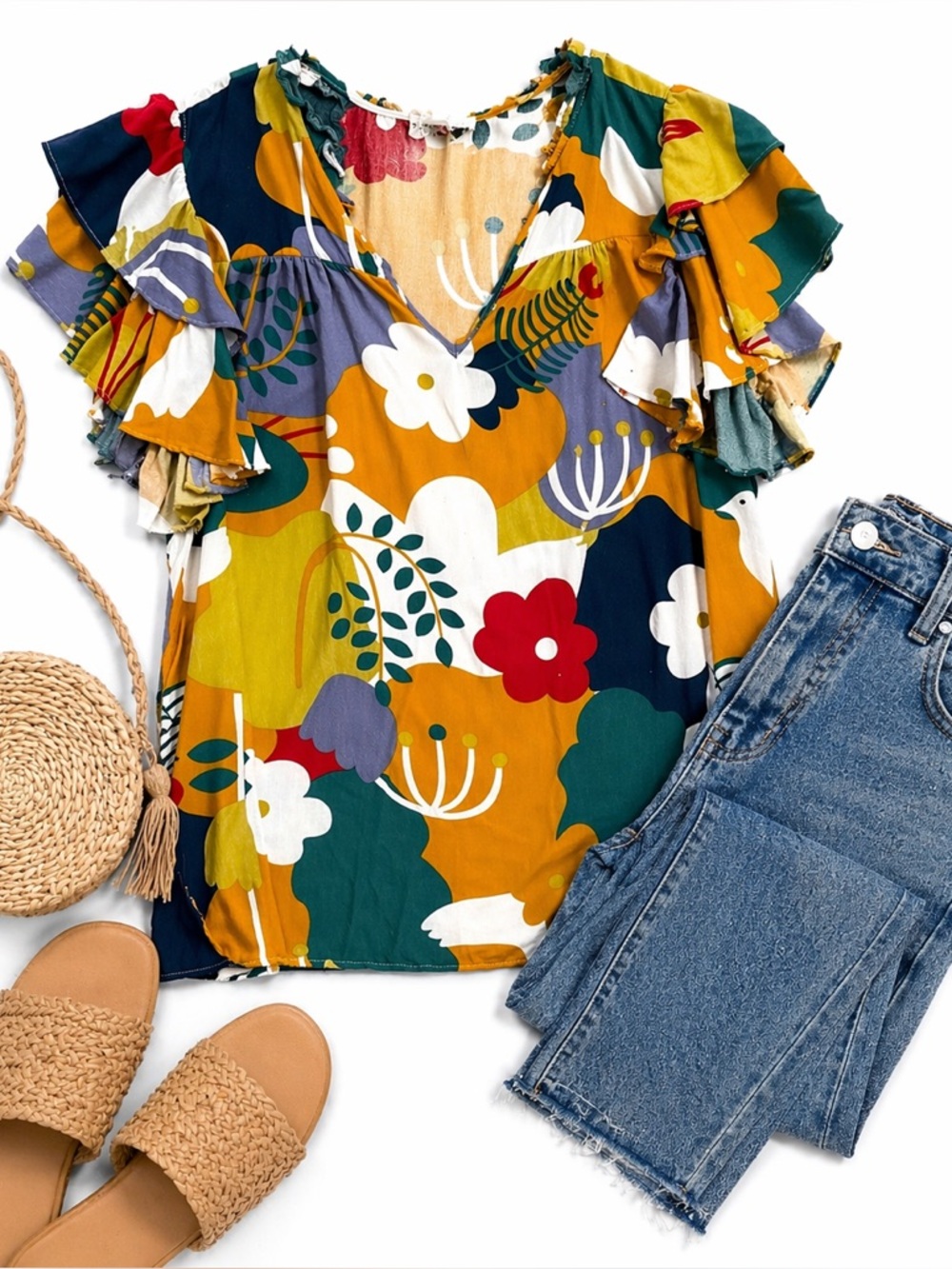 First Love Floral Blouse 1X Boho Ruffle Sleeve Colorful Abstract Top Plus Size